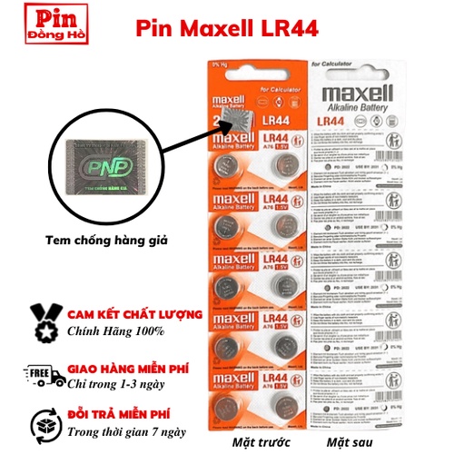 Pin 44 Maxell LR44 1 vỉ 10 viên. Dùng cho cmos, thiết bị điện tử, pin đồng hồ, đồ chơi, laze, ....