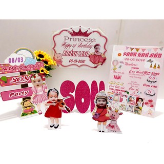 Set chibi phụ kiện để bàn trang trí sinh nhật thôi nôi đầy tháng bé trai bé gái - bền đẹp son
