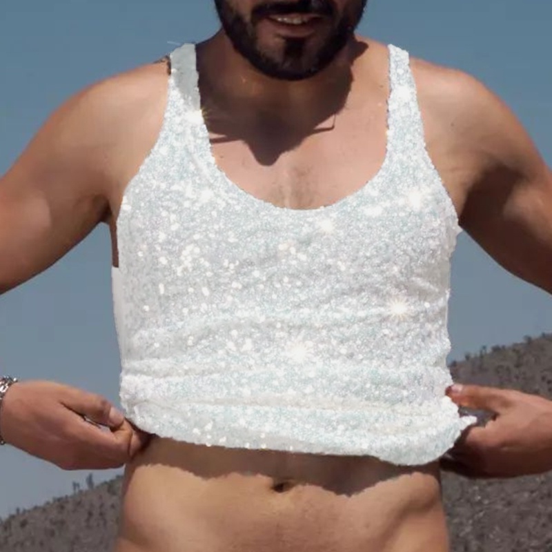 Áo Tank Top Sát Nách Đính Kim Sa Lấp Lánh Thời Trang Đi Biển Mùa Hè Cho Nam Size S-5XL