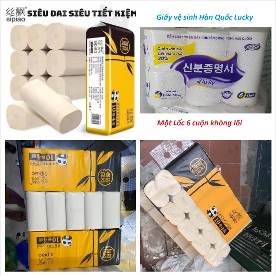 [FREESHIP] GIẤY VỆ SINH LUCKY KHÔNG LÕI (6 CUỘN) - GẤU TRÚC SIPIAO (10 CUỘN) CAO CẤP