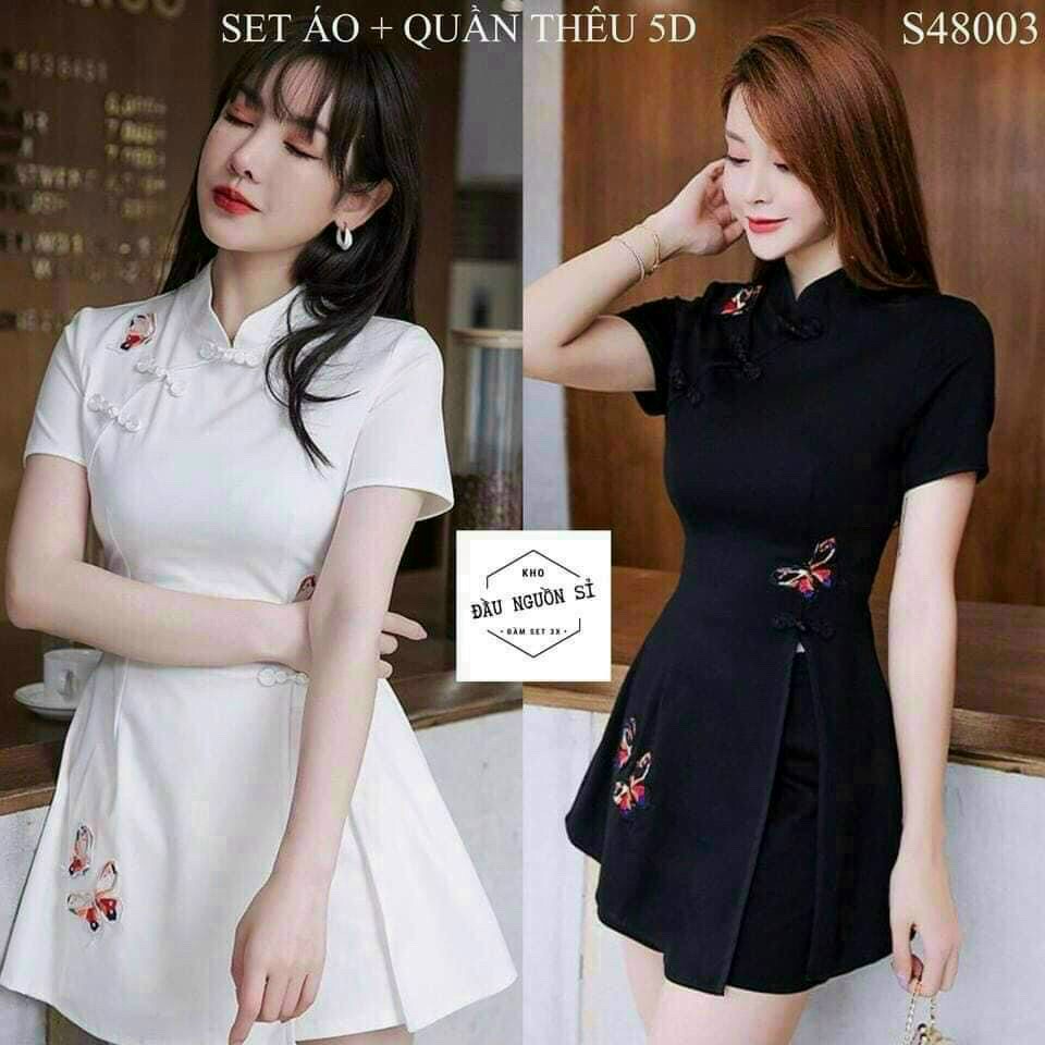Set Bộ Nữ Áo Cổ Tàu Nút Bọc Thêu Họa Tiết Kèm Quần Short Duyên Dáng Sang Chảnh Thời Trang Xm Minh Phúc