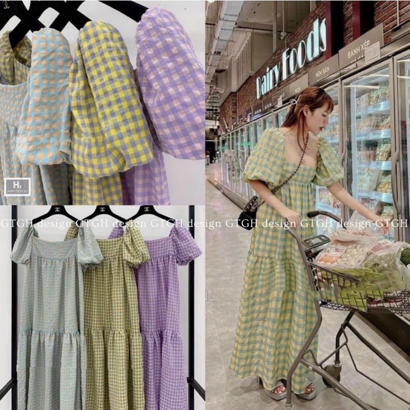Đầm maxi kẻ ô tay bồng kèm ảnh thật, Váy maxi dáng dài hoạ tiết kẻ đi biển