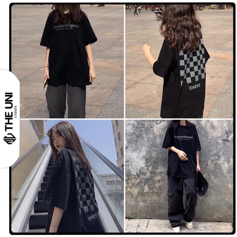 Áo Thun Tay Lỡ Form Rộng Dáng Unisex Nam Nữ Mặc Lớp Nhóm Couple In Hình Bàn Cờ ❕ .