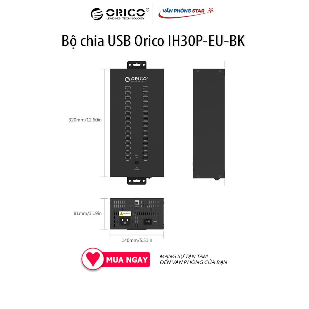 Bộ chia USB Orico IH30P-EU-BK (Từ 1 ra 30 cổng USB 2.0)