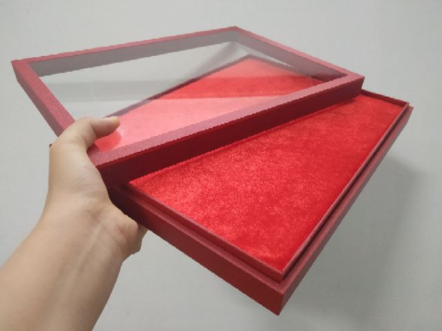 Khay đỏ nhung trơn có nắp bằng kính hàng cao cấp 31x24x4,5
