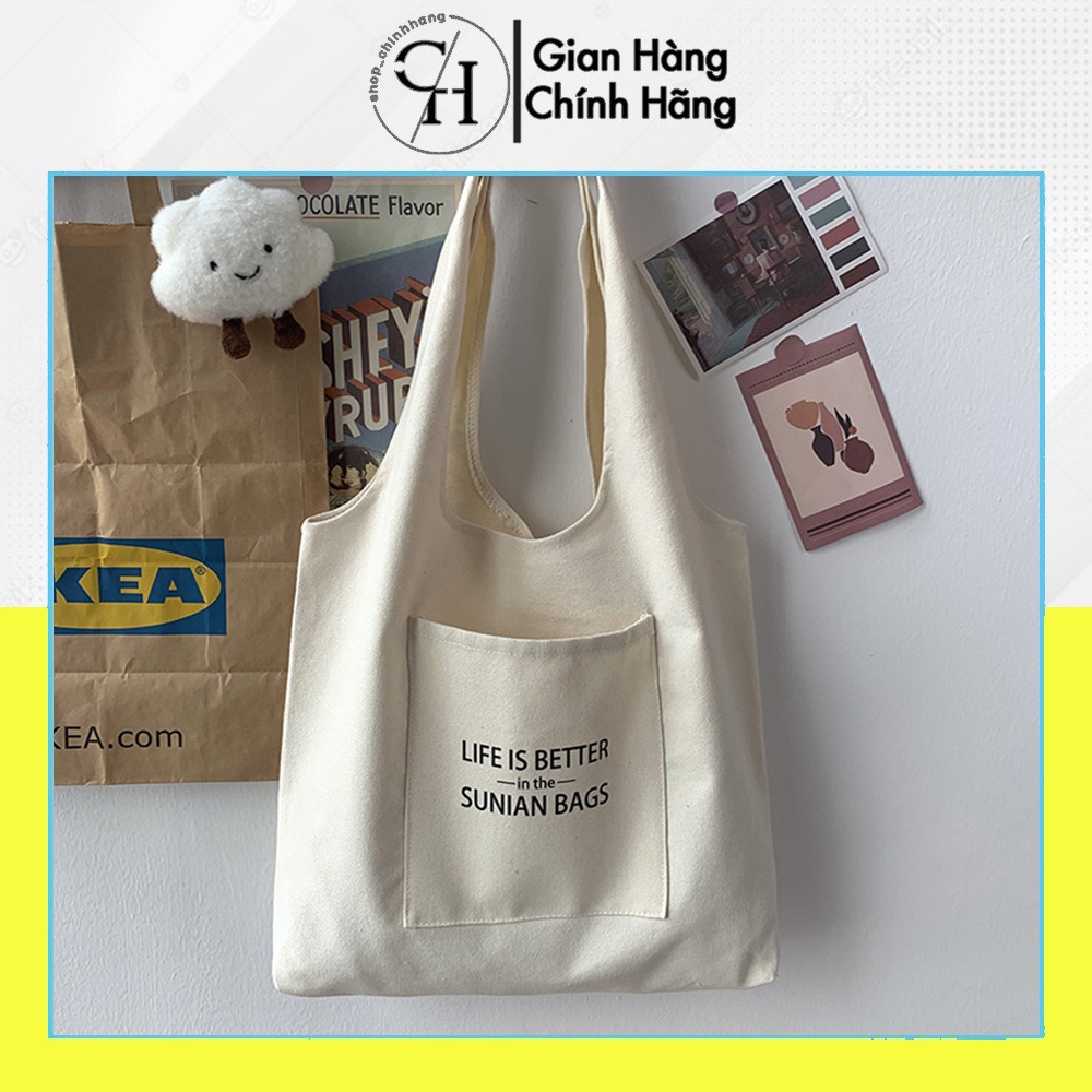 Túi tote đi học nữ vải Canvas hàn quốc giá rẻ có túi nhỏ trước in Life is better AH1606