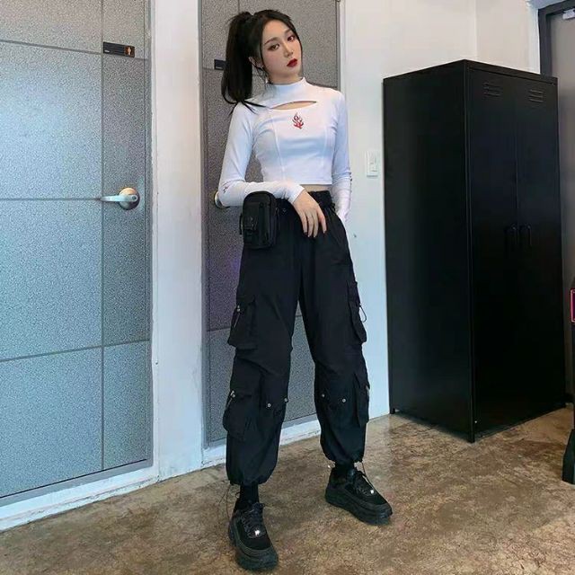 Quần jogger unisex túi hộp phối khoen kim loại phong cách đường phố hiphop