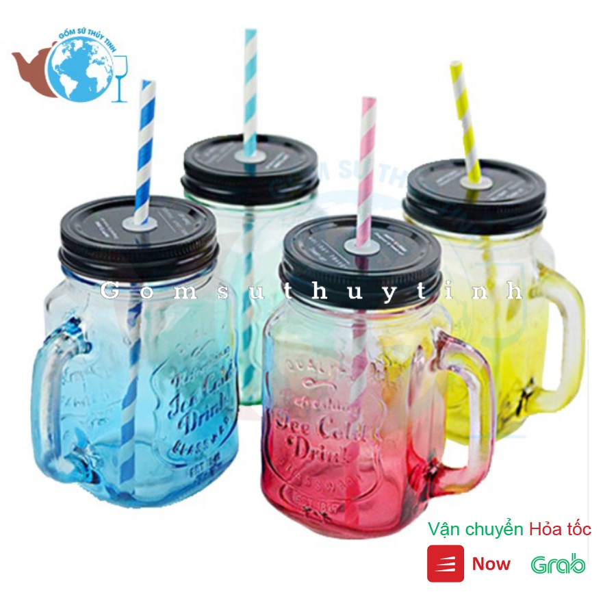 Bộ 10 ly quai thủy tinh trà sữa in màu cute chữ nổi 450ml