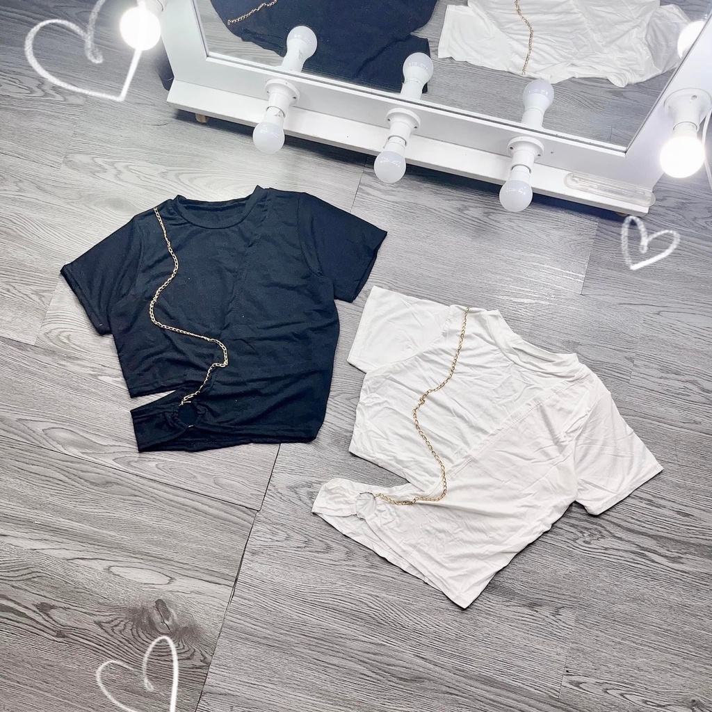 Áo thun lụa croptop tay ngắn cắt xẻ eo phối khoen đính xích TU120