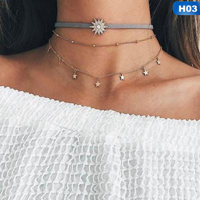 ❤Skute Shinning Choker Multi Layer Beads Necklaces Stars Pendant Tassel Zircons Jewellery Party Necklace for Women