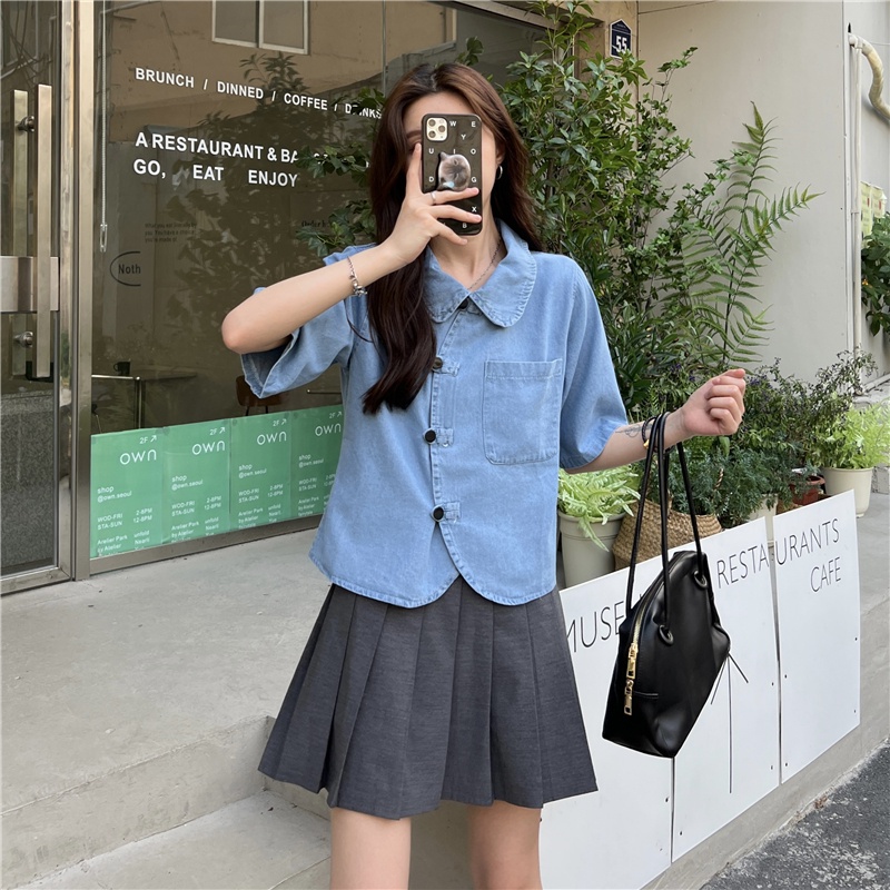 Áo Sơ Mi denim Tay Ngắn Dáng Rộng Phong Cách Hàn Quốc Cổ Điển Thời Trang Cho Nữ