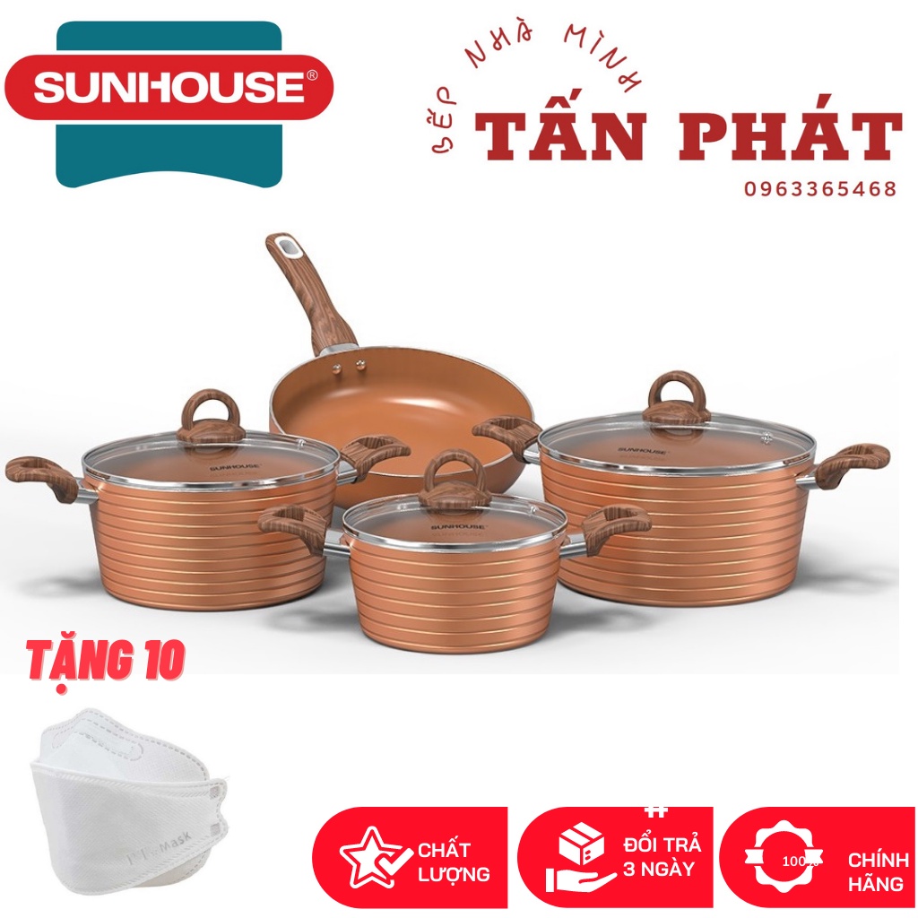 BỘ NỒI CHẢO CHỐNG DÍNH CERAMIC ĐÁY TỪ SUNHOUSE SHG2004MCA (TẶNG 10 KHẨU TRANG 4D)