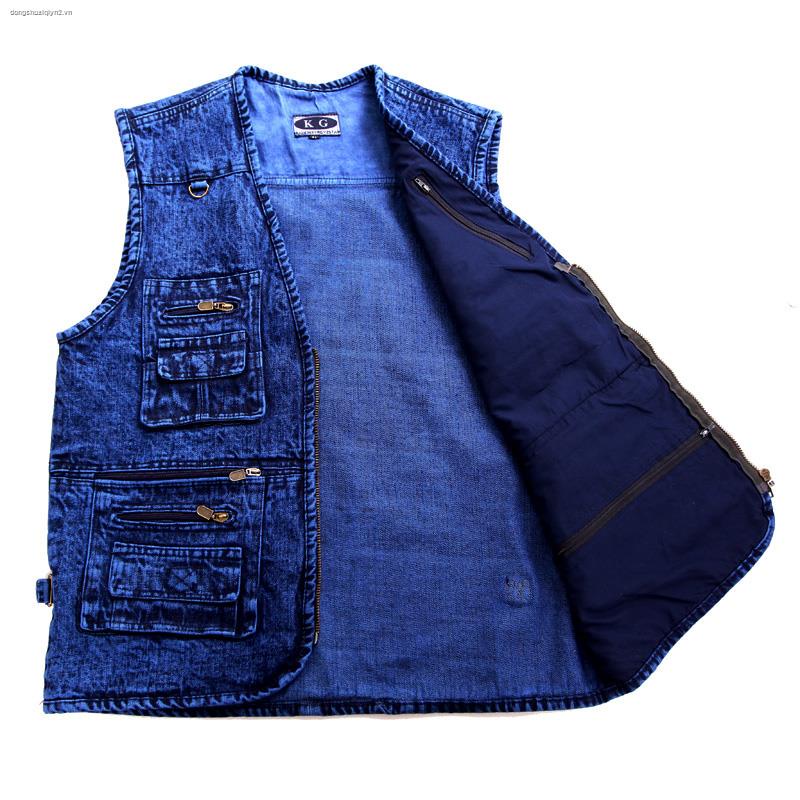 Áo khoác ghi lê denim nhiều túi dày dặn thời trang xuân thu cho đàn ông trung niên