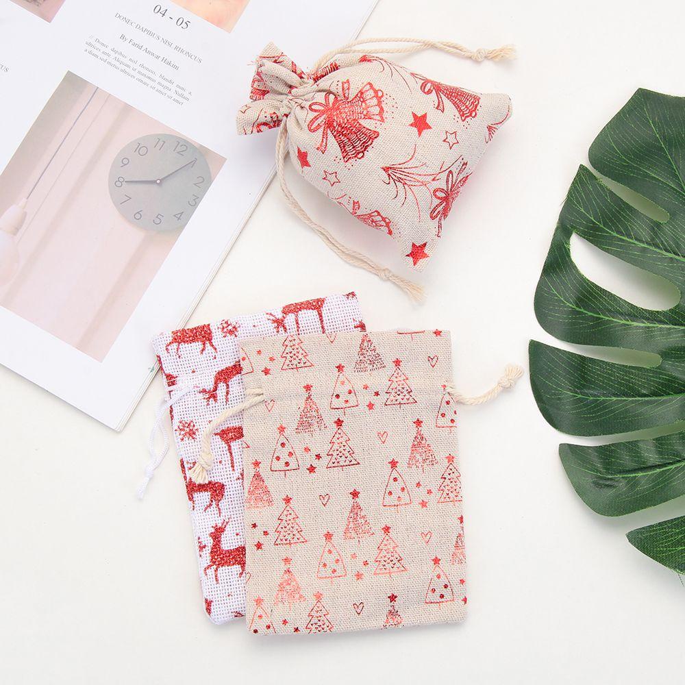 YNATURAL Set 1 / 5 Túi Dây Rút Vải Sợi Đay In Hình Tuần Lộc Trang Trí Tiệc Cưới