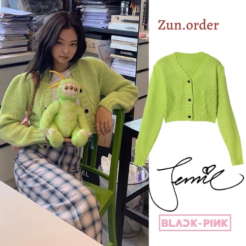 Áo khoác cardigan croptop xanh Jennie Blackpink, Giang Sơ Ảnh len dệt dài tay