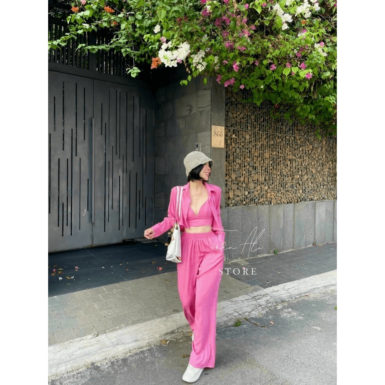 (Mẫu Mới) Xả Lỗ Sét 3 Món Đũi Áo Ngoài Dài Tay + Áo Lót 2 Dây + Quần Dài CHất Lượng UP h.h.p