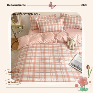 Cotton poly| bộ 4 món ga gối cotton poly hoạ tiết caro basic- sang xịn mịn
