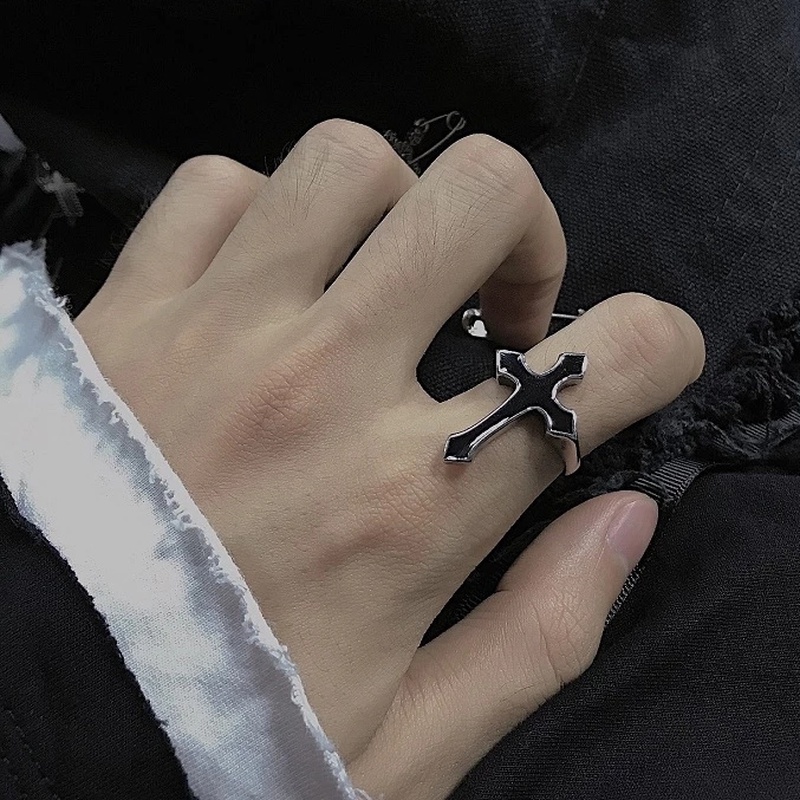 Nhẫn Hở Hình Thánh Giá Màu Đen Phong Cách Gothic Cổ Điển Có Thể Điều Chỉnh Kích Cỡ Dành Cho Nam Và Nữ