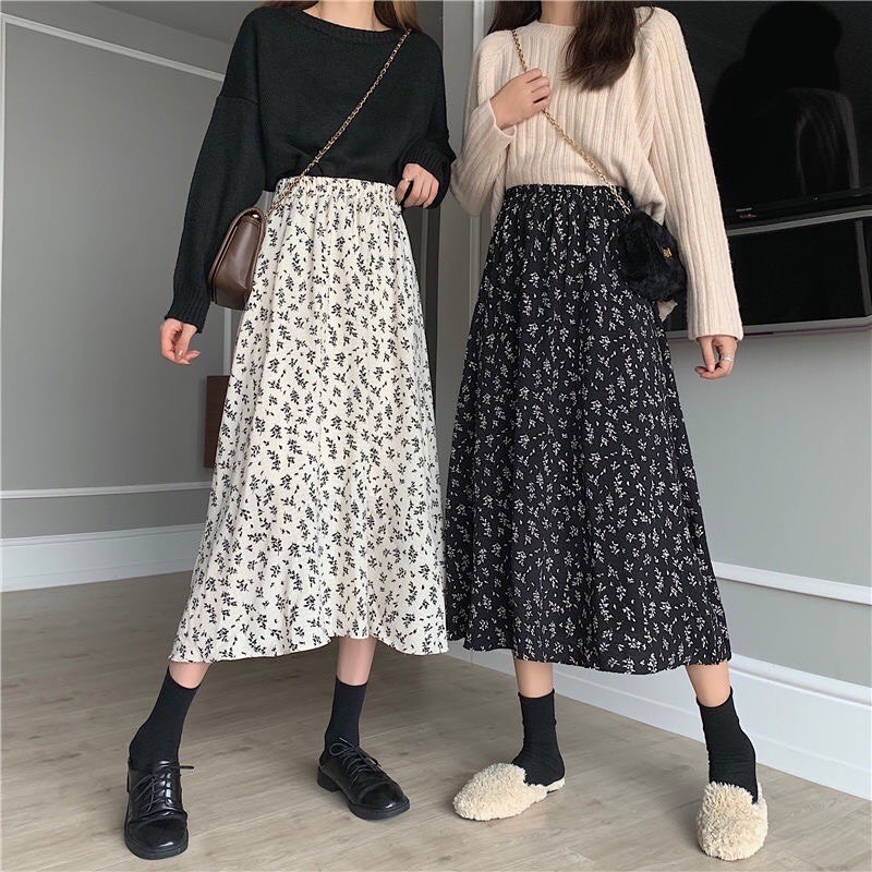 Chân váy hoa nhí dáng dài cạp chun vintage hai lớp siêu xinh