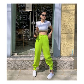 👗👗Quần Legging Thể Thao Lưng Cao Ống Rộng Xẻ Tà Màu Xanh Lá Dạ Quang Phong Cách Hàn Quốc