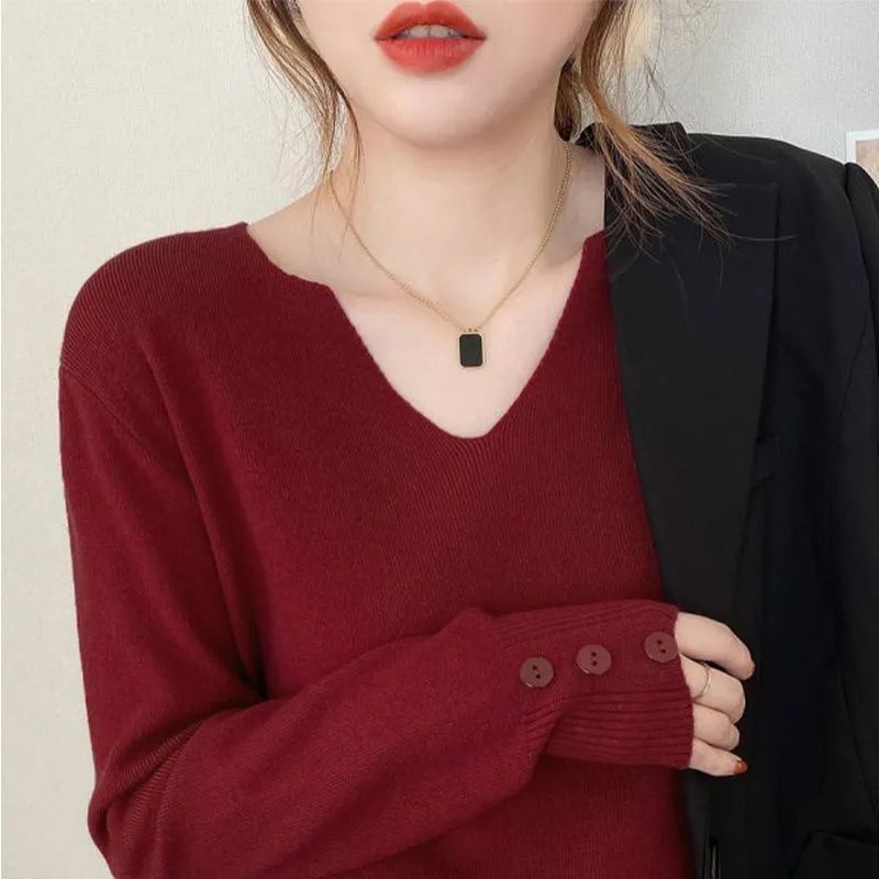 Áo sweater cổ chữ V mềm mại thiết kế dáng rộng phong cách Hàn Quốc thời trang thu đông cho nữ