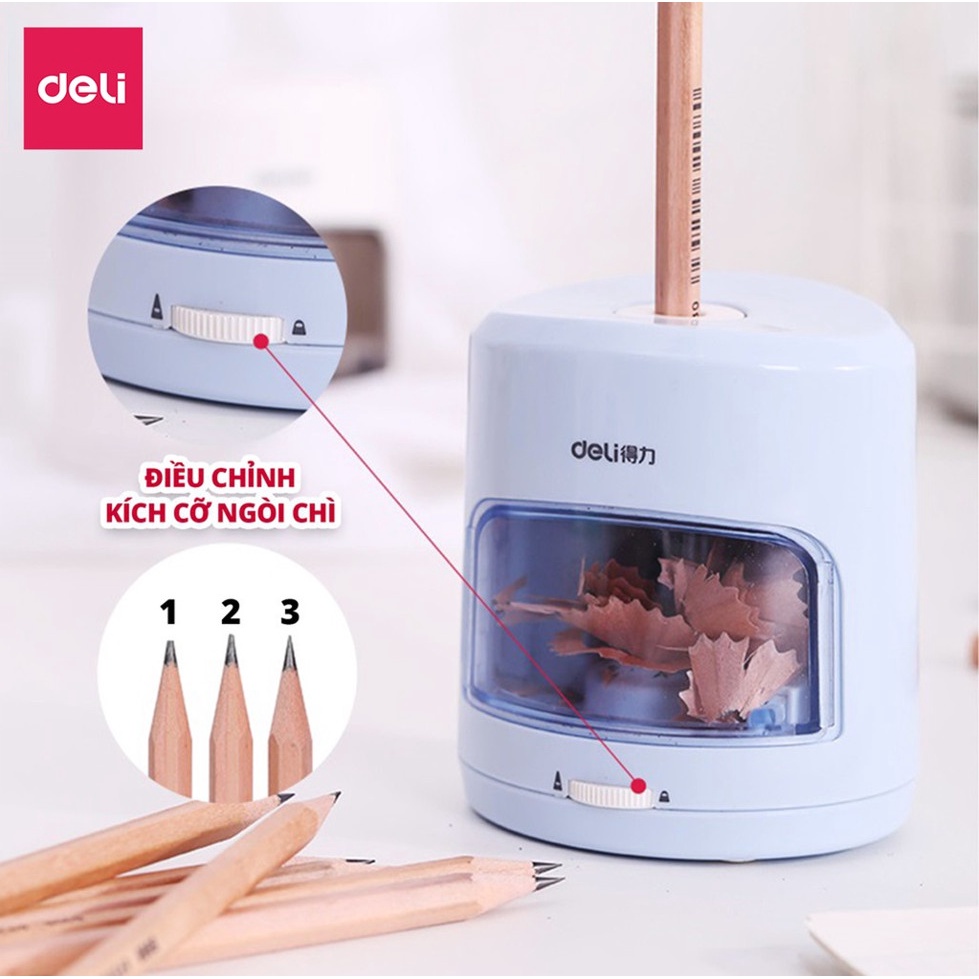 Gọt bút chì điện tự động Deli Chuốt màu chì tiện lợi, an toàn và bảo vệ người dùng có thể điều chỉnh ngòi chì - 502