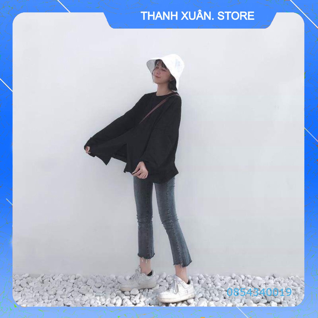 ÁO THUN NỈ NỮ DÀI TAY XẺ VẠT ĐEN TRẮNG FORM RỘNG ULZZANG - (Sp sẵn) 👗 💝 - TXShop