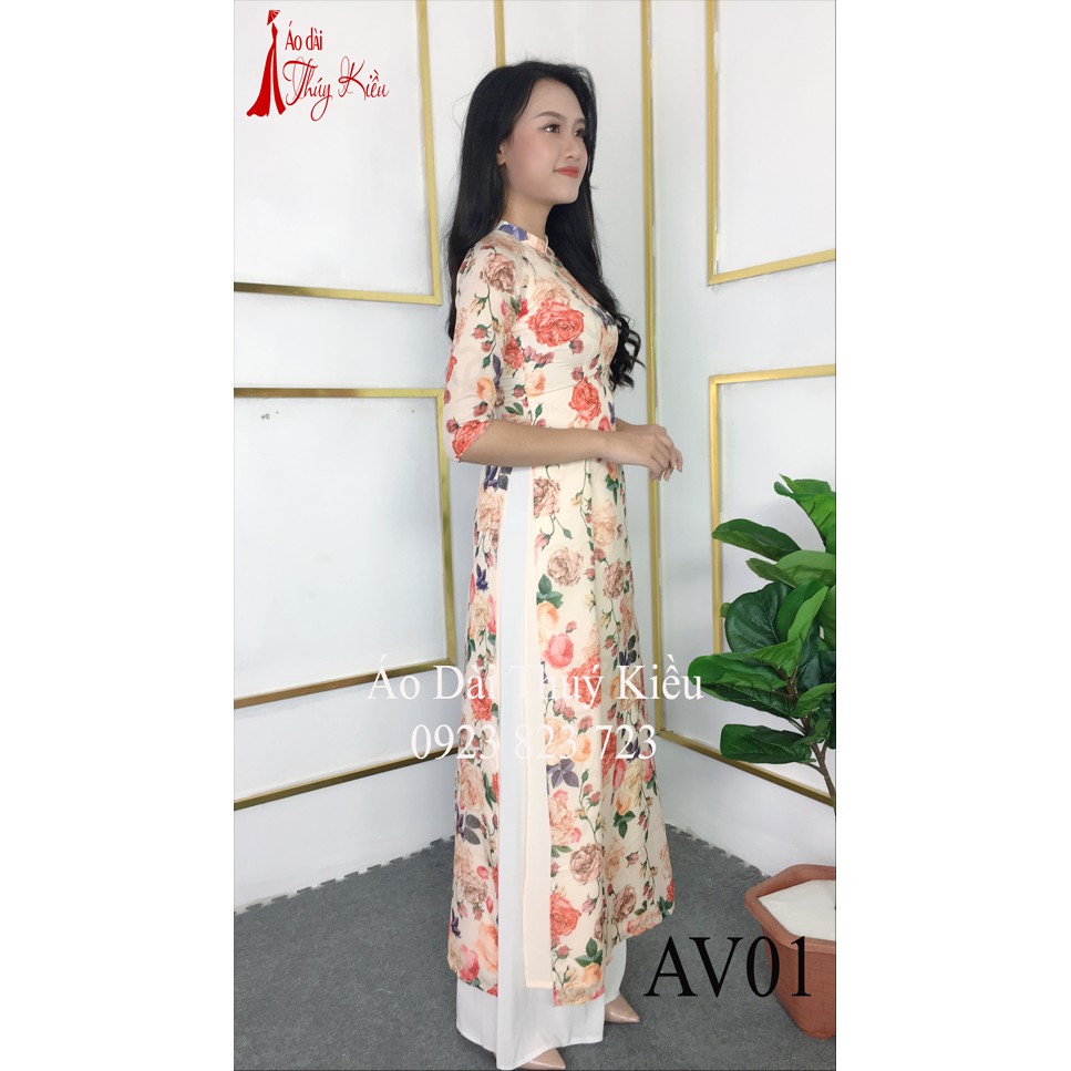 Áo dài Thúy Kiều in 3D voan tơ 4 lớp nền be hoa hồng leo AV01