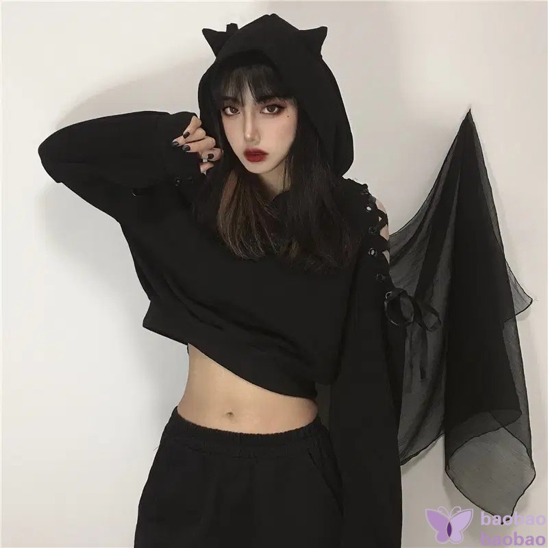 Áo Hoodie Màu Đen Dáng Rộng Phối Tai Mèo Dễ Thương Phong Cách Harajuku Cho Nữ