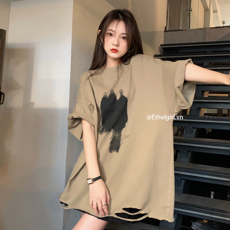 Áo Thun Nữ Ngắn Tay Cổ Tròn Rách Lỗ Thời Trang