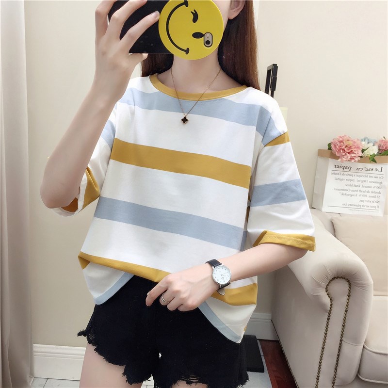 NUZIRO  Áo thun tay ngắn cổ tròn dáng rộng họa tiết kẻ sọc kiểu dáng Hàn Quốc dễ thương cho nữ