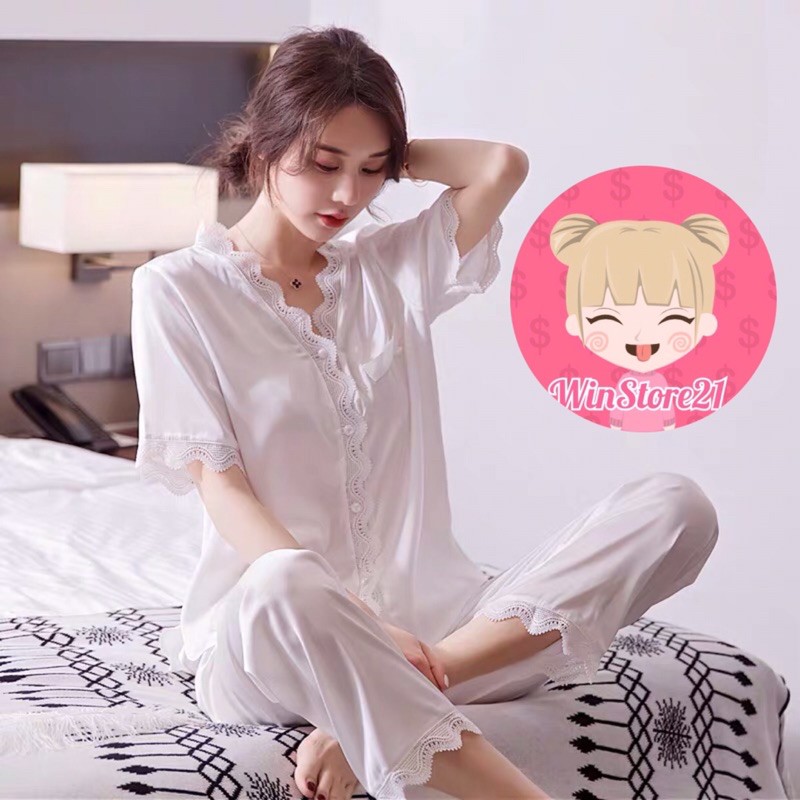 ( FreeSize Lụa ) Đồ Bộ Pijama Lụa Cổ Lưới - Tay Ngắn Quần Dài. | BigBuy360 - bigbuy360.vn