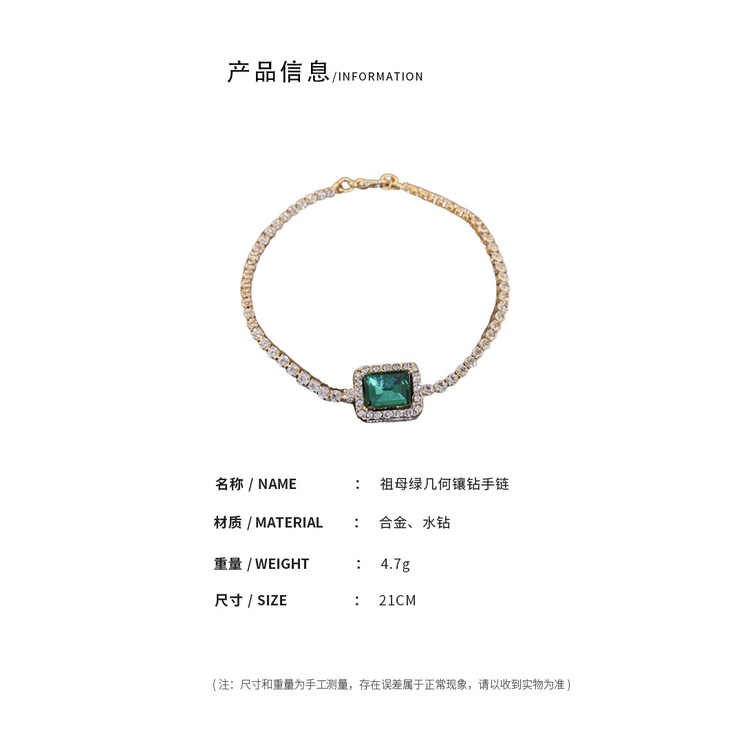 Vòng Tay Đính Đá Zircon Hình Vuông Màu Ngọc Lục Bảo Sang Trọng Thời Trang Cho Nữ