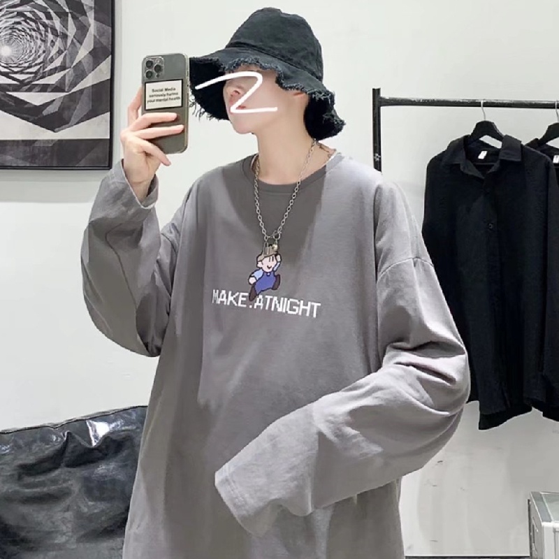 Áo thun tay dài cổ tròn dáng rộng in chữ thời trang thu đông phong cách Nhật Bản cho nam size M-5XL