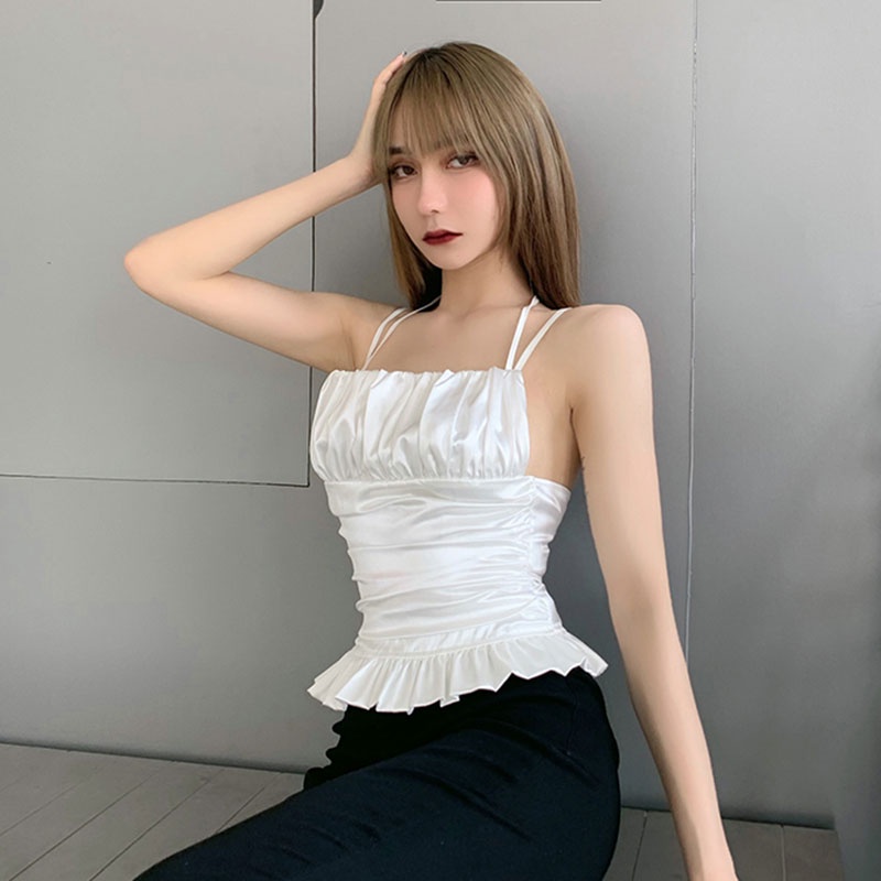Áo croptop trắng đan dây lưng dún bèo HAC124 Hỉn Hỉn Store