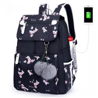 Balo nữ đi học Hàn Quốc vải dày Icon Tuzki , Balo có cổng kết nối USB, chất liệu vải chống thấm nước cao cấp
