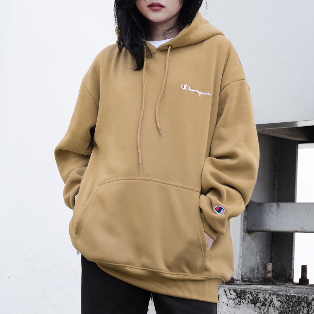 Áo Hoodie Thêu Logo Champion Trước Ngực-Chất Vải Nỉ Bông Cotton-Form Rộng Rãi Unisex Nam Nữ-Màu Nâu Tan