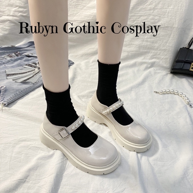 [SẴN - NÊN LÙI 1 SIZE] ✨ Giày Lolita Quai Ngang Đính Hạt Xinh Xắn đế 6,5cm ( trắng, đen ) 2215