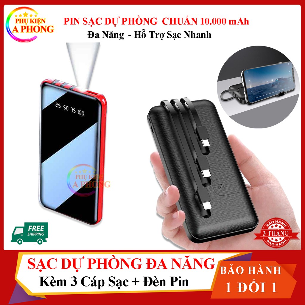 [3 trong 1] Sạc Dự Phòng Tích Hợp 3 Cáp Sạc Micro, Lingtning, TypeC, Có Đèn Pin, Có Đế Xem Phim, Pin Chuẩn 10.000 mAh