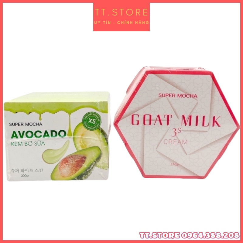 Kem Trắng Da, Giữ Ẩm Body Bơ Và Body Sữa Dê, Avocado Body Cream Mocha 200g and Goat Milk 3S Cre