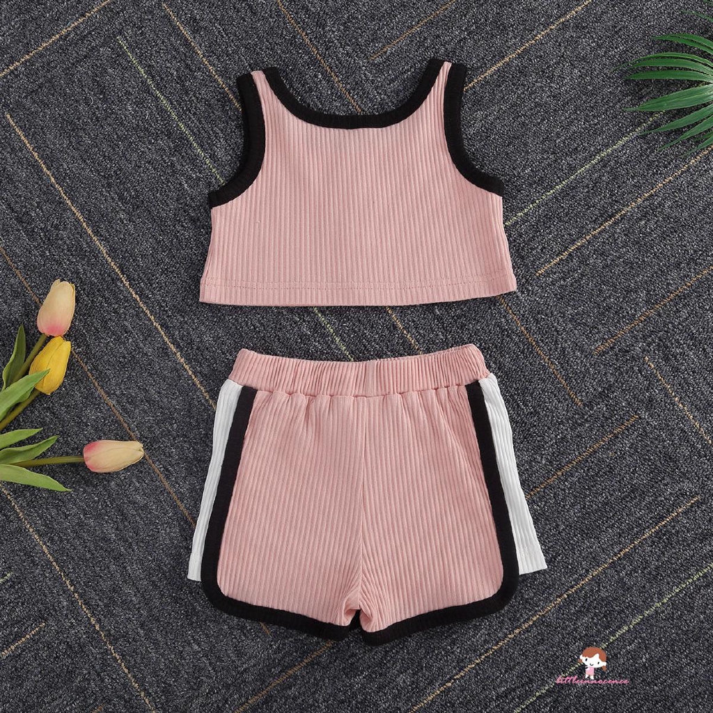 Bộ áo croptop sát nách + quần sooc thời trang mùa hè năng động cho bé gái 0-5 tuổi