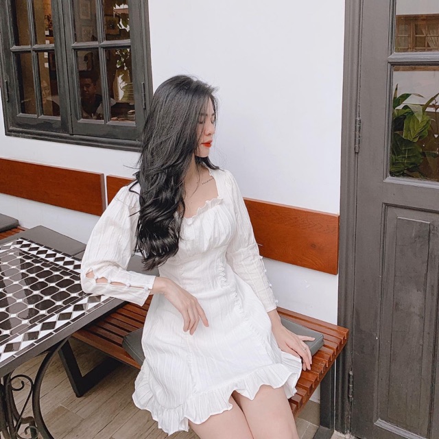 Đầm kiểu màu trắng tay dài Fillaa dress basic chất dày 2 lớp sau lưng bo chun thoải mái from chuẩn vải cotton theu