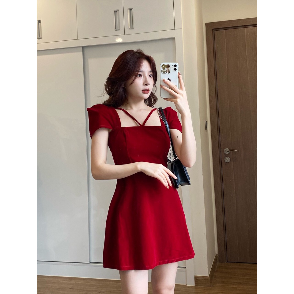 Váy nhung cổ vuông tay phồng sang chảnh, Đầm nữ dáng dài chất đẹp mặc tôn dáng