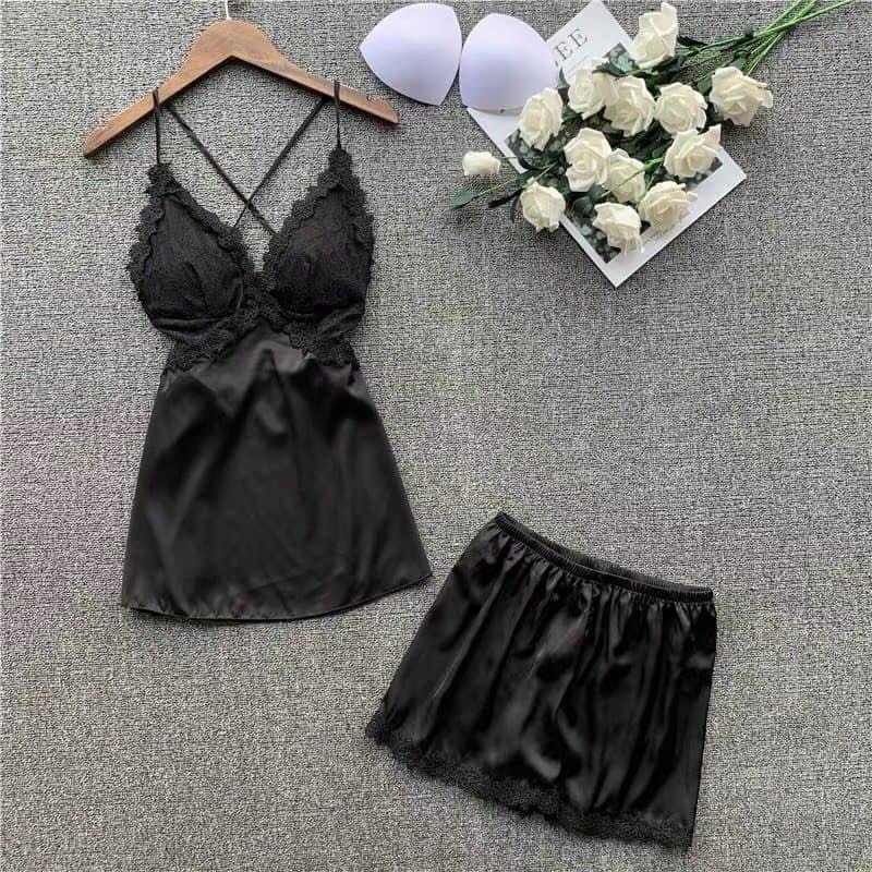 Đồ ngủ sexy / Đồ ngủ 2 dây chéo lưng phối ren, chất liệu lụa satin cao cấp, freesize dưới 65kg, kèm quần ren so cute Sex | BigBuy360 - bigbuy360.vn