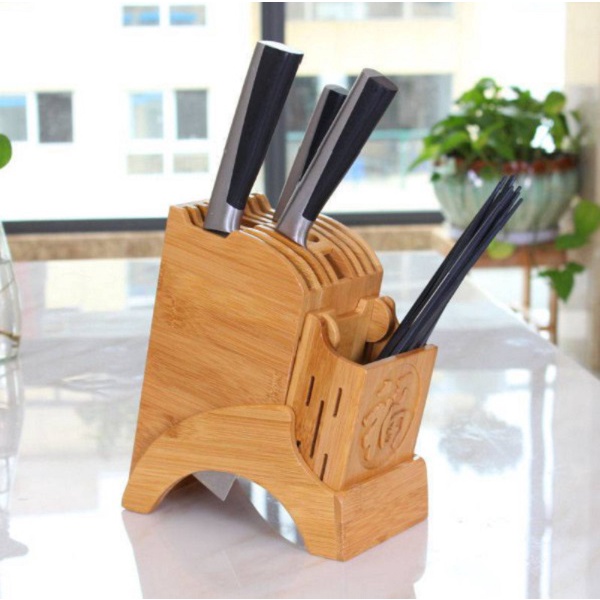 Giá Kệ Cắm Dao/Kéo/Thìa/Đũa Gỗ Tre Tự Nhiên Để Bàn Bếp Kiêm Ống Khay Cắm Dao Nhà Bếp Cao Cấp