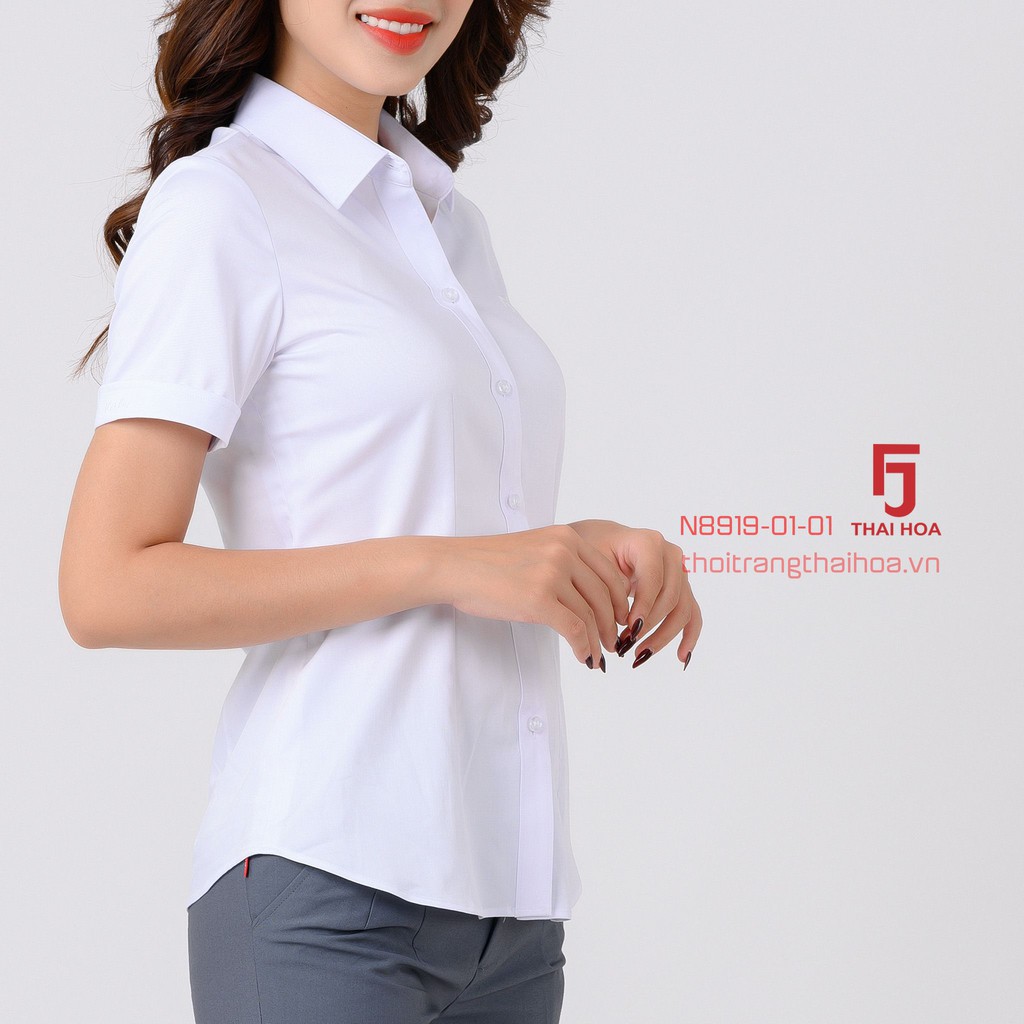Áo sơ mi nữ Thái Hòa N8919-01-01 công sở ngắn tay, màu trắng, chất liệu sợi tre siêu thoáng khí, mát mẻ | BigBuy360 - bigbuy360.vn