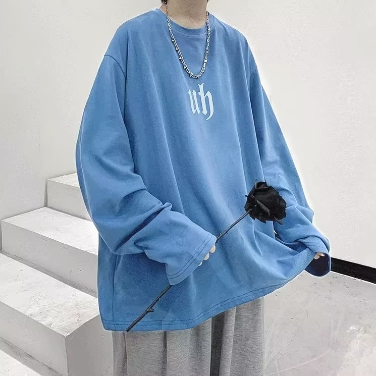 Áo Thun Tay Dài Cổ Tròn Dáng Rộng In Chữ Phong Cách Hip Hop Hàn Quốc Thời Trang Cho Nam Size M-5XL