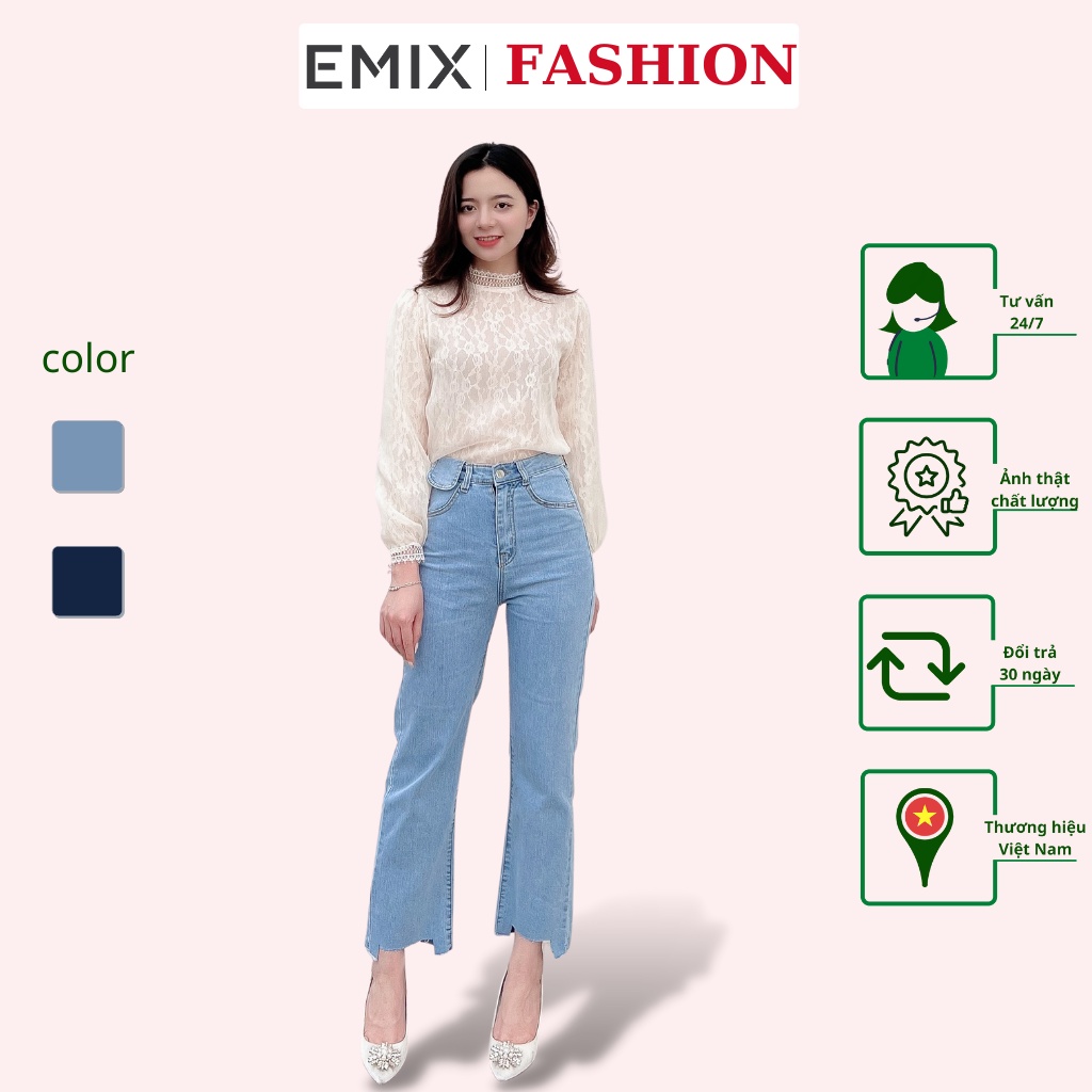 Quần jean nắp túi EMIX (màu xanh), basic trouser, dáng dài 99cm, cạp cao, khóa giữa, ống đứng, xéo gấu, chất jeans 1807