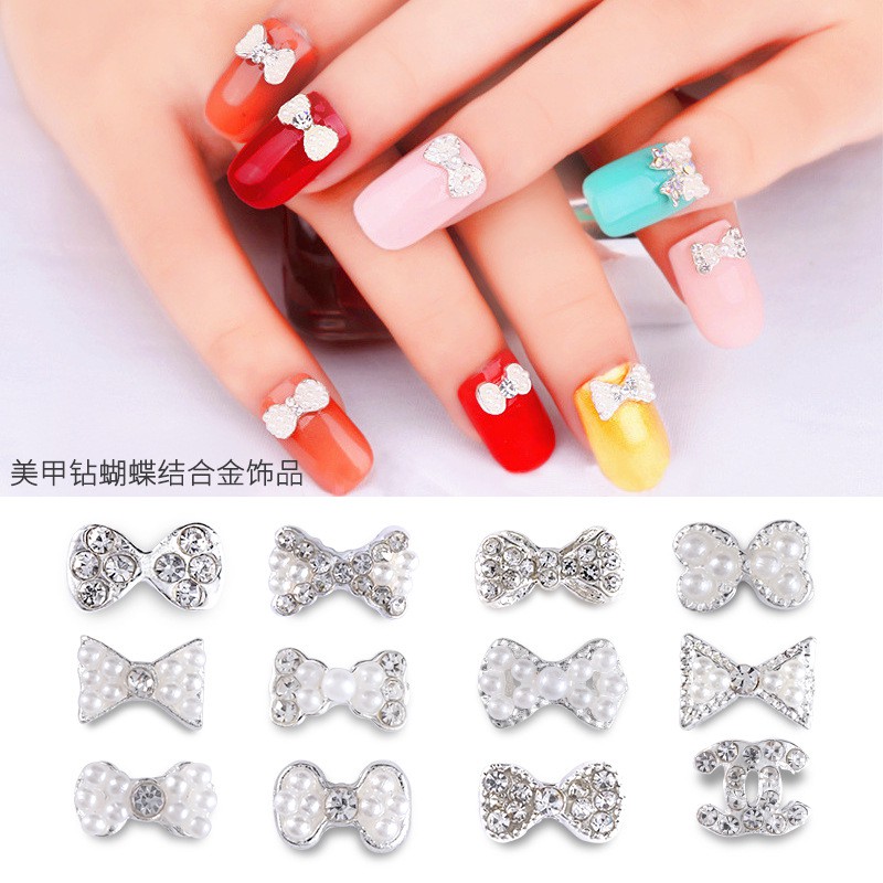 [Hàng mới về] Phụ kiện trang trí móng tay nghệ thuật thiết kế hình nơ hợp kim đính đá sang trọng