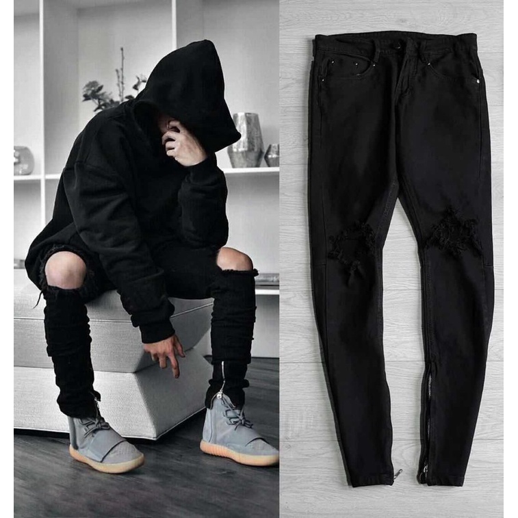 Quần Jean Zipper Đen Nam Rách Thủng Gối Phối Khoá Ống QJ132P